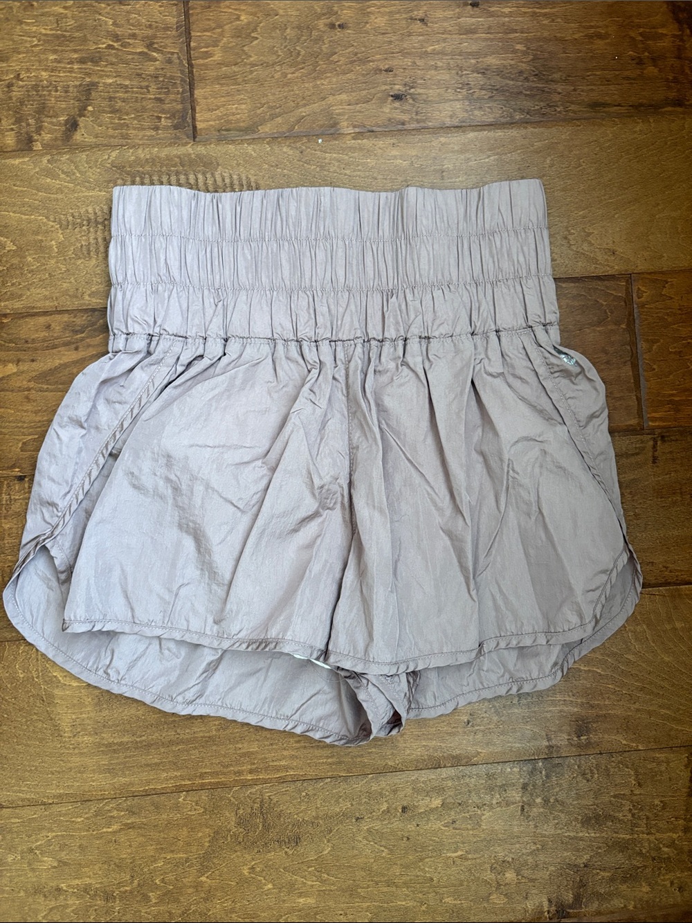 FP Movement by Free People High-Waist Smocked Athletic Shorts in Light Taupe